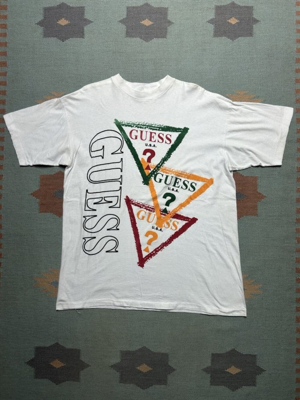 Vintage 90s graphic t shirt Guess logo boot cross colours streetwear hip hop XL